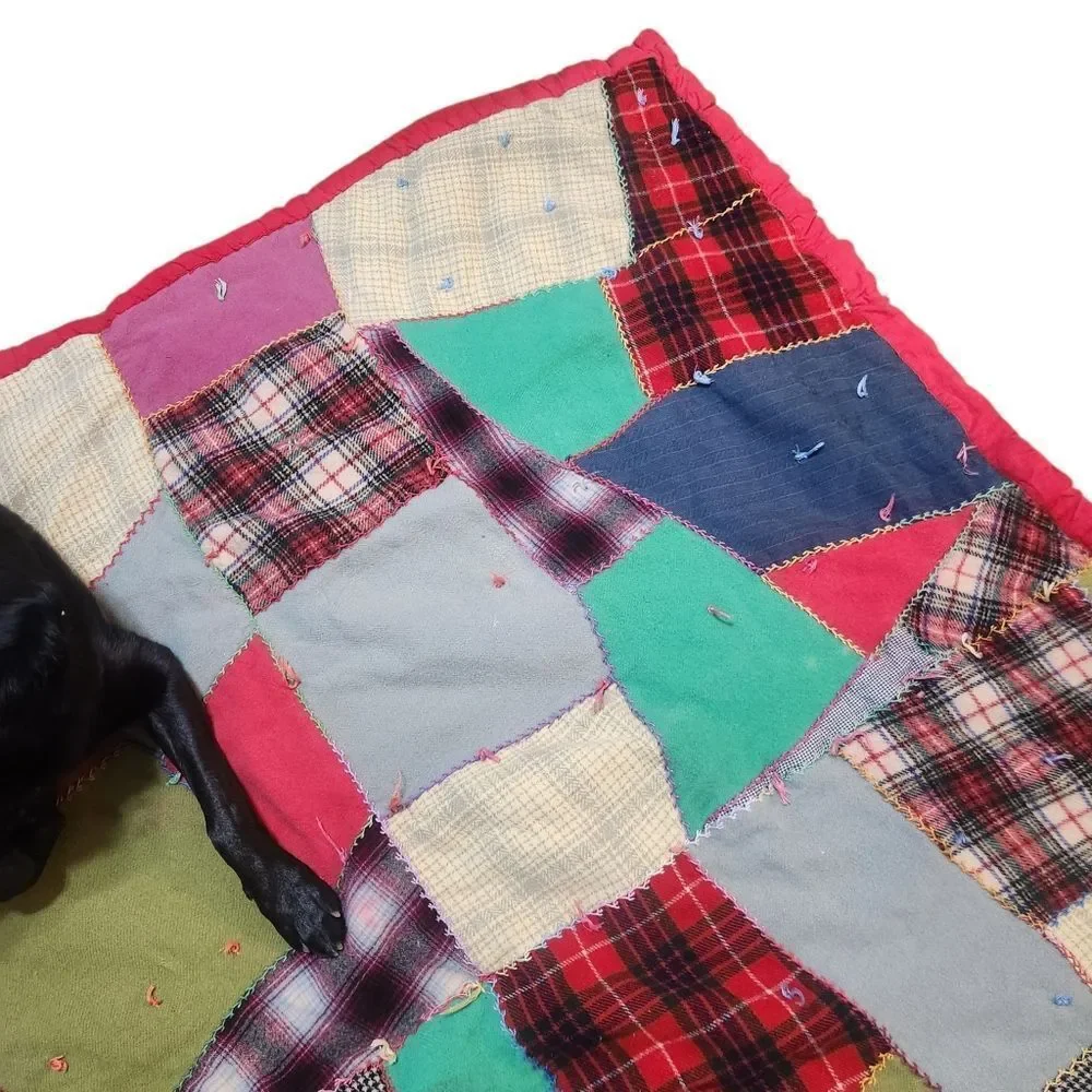 Vintage Handmade Patchwork Crazy Quilt Camp Blanket Wool Blend 78x62 Red Blue